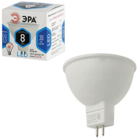 Лампа светодиодная ЭРА, 8 (60) Вт, цоколь GU5.3, MR16, холодный белый свет, 30000 ч., LED smdMR16-8w-840-GU5.3