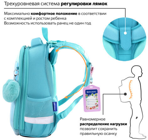 Ранец BRAUBERG PREMIUM, 2 отделения, с брелком, "Happy friendship", 38х29х16 см, 270591