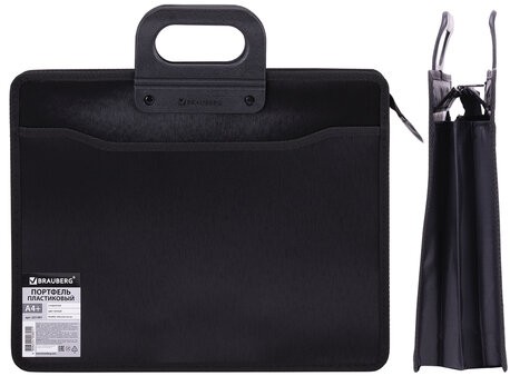 Папка-портфель пластиковая BRAUBERG А4+ (390х320х120 мм), 4 отделения, фактура под дерево, черная, 221391