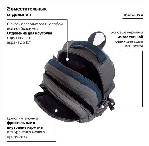 Рюкзак BRAUBERG "MainStream 2", 35 л, размер 45х32х19 см, ткань, серо-синий, 224446
