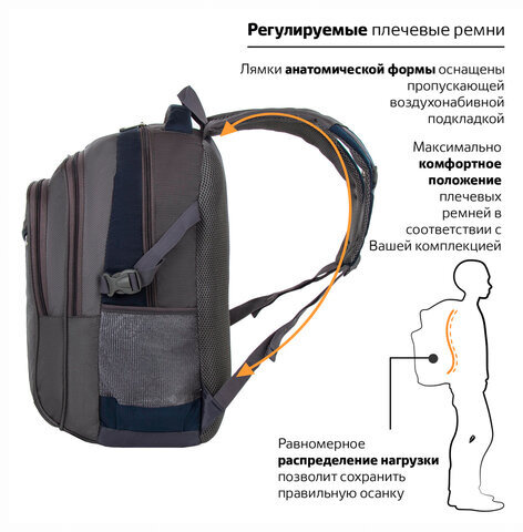 Рюкзак BRAUBERG "MainStream 2", 35 л, размер 45х32х19 см, ткань, серо-синий, 224446