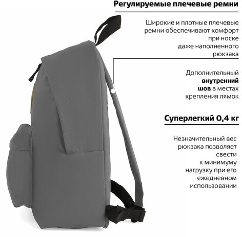 Рюкзак BRAUBERG, универсальный, сити-формат, один тон, серый, 20 литров, 41х32х14 см, 225380