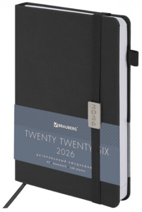 Ежедневник датированный 2026, А5, 138x213 мм, BRAUBERG &quot;Control&quot;, под кожу, держатель для ручки, черный, 117126
