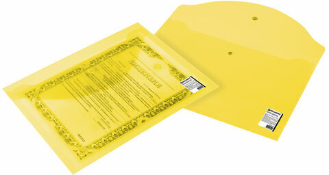 Папка-конверт с кнопкой BRAUBERG, А4, до 100 листов, прозрачная, желтая, 0,15 мм, 228670