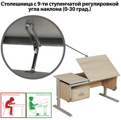 Стол-парта регулируемый с тумбой навесной "ДЭМИ" СУТ.29, 1117х530х530-815 мм, серый/ясень (КОМПЛЕКТ)