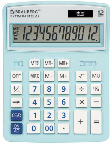 Калькулятор настольный BRAUBERG EXTRA PASTEL-12-LB (206x155 мм), 12 разрядов, двойное питание, ГОЛУБОЙ, 250486
