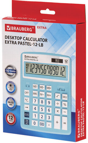 Калькулятор настольный BRAUBERG EXTRA PASTEL-12-LB (206x155 мм), 12 разрядов, двойное питание, ГОЛУБОЙ, 250486