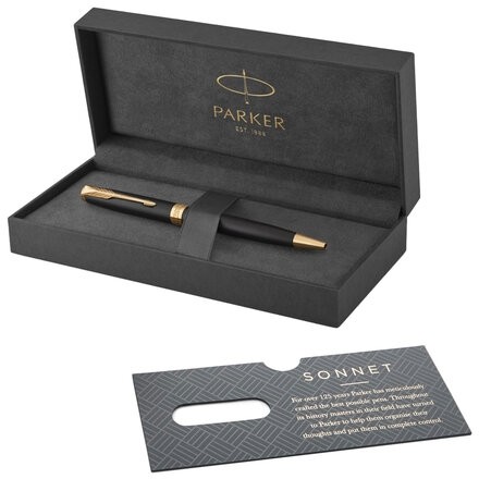 Ручка шариковая PARKER "Sonnet Core Matt Black GT", корпус черный матовый лак, позолоченные детали, черная, 1931519