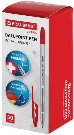 Ручка шариковая BRAUBERG "ULTRA", КРАСНАЯ, узел 1 мм, чернила ГЕРМАНИЯ, наконечник ШВЕЙЦАРИЯ, 143560