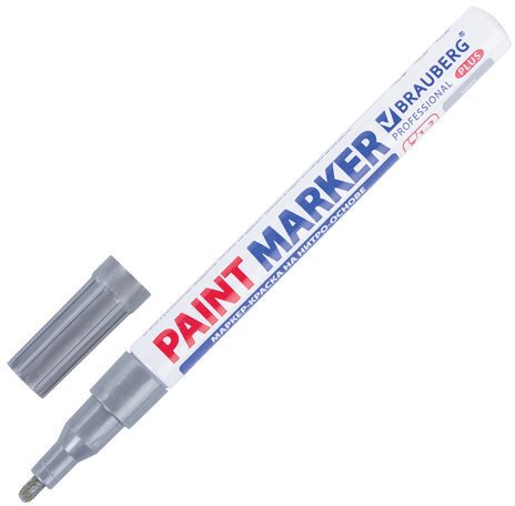 Маркер-краска лаковый (paint marker) 2 мм, СЕРЕБРЯНЫЙ, НИТРО-ОСНОВА, алюминиевый корпус, BRAUBERG PROFESSIONAL PLUS, 151442