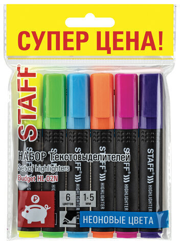 Набор текстовыделителей STAFF "Basic Budget HL-02N", 6 ЦВЕТОВ, НЕОН, линия письма 1-5 мм, 152296