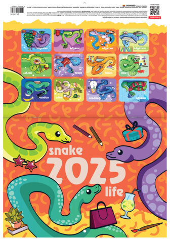Календарь-планер настенный перекидной на 2025 г., BRAUBERG, 12 листов, 30х22 см, "История змейки", 116174