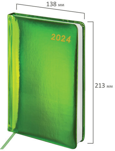 Ежедневник датированный 2024 А5 138x213 мм, BRAUBERG "Holiday", под кожу, "зеркальный", зеленый, 114845