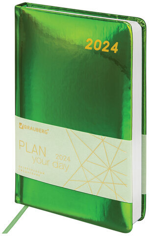 Ежедневник датированный 2024 А5 138x213 мм, BRAUBERG "Holiday", под кожу, "зеркальный", зеленый, 114845