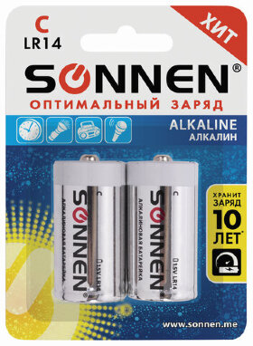 Батарейки КОМПЛЕКТ 2 шт., SONNEN Alkaline, С (LR14, 14А), алкалиновые, блистер, 451090