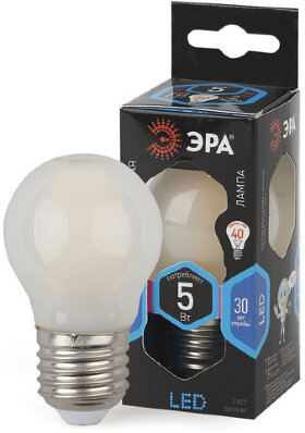 Лампа светодиодная ЭРА, 5 (40) Вт, цоколь E27, шар, холодный белый свет, 30000 ч., LED smdP45-5w-840-E27
