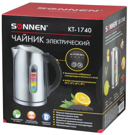 Чайник SONNEN KT-1740, 1,7 л, 2200 Вт, закрытый нагревательный элемент, терморегулятор, нержавеющая сталь, 453421