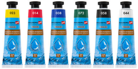 Краски масляные ВОДОРАЗБАВИМЫЕ художественные, 6 цветов по 37 мл в тубах, BRAUBERG ART PREMIERE, 192292