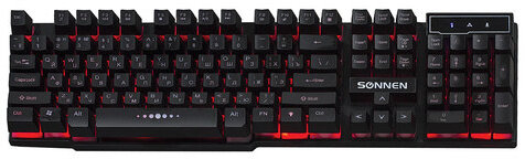 Клавиатура проводная SONNEN KB-7010, USB, 104 клавиши, LED-подсветка, черная, 512653
