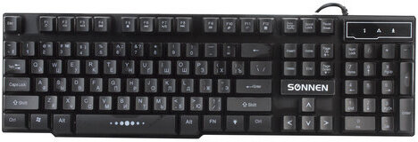 Клавиатура проводная SONNEN KB-7010, USB, 104 клавиши, LED-подсветка, черная, 512653
