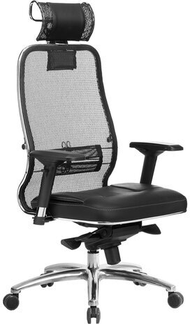 Кресло офисное МЕТТА "SAMURAI" SL-3.04, с подголовником, сверхпрочная ткань-сетка/рециклированная кожа, черное