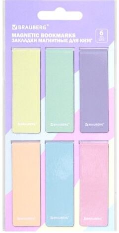 Закладки для книг МАГНИТНЫЕ, "PASTEL", набор 6 штук, 60x20 мм, BRAUBERG, 117013
