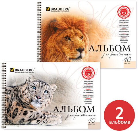 Альбомы для рисования А4 40 л., КОМПЛЕКТ 2 шт., гребень, обложка картон, BRAUBERG, 205х290 мм, "Хищники" (2 вида), 880028