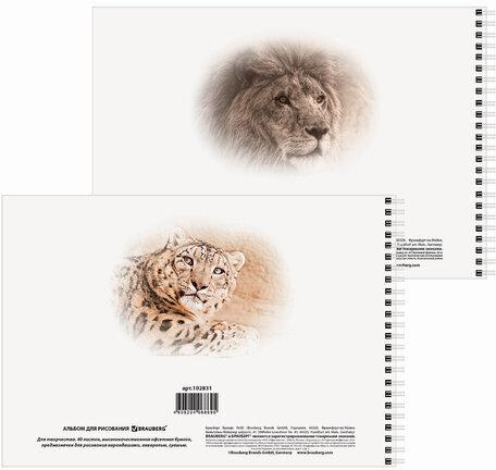 Альбомы для рисования А4 40 л., КОМПЛЕКТ 2 шт., гребень, обложка картон, BRAUBERG, 205х290 мм, "Хищники" (2 вида), 880028