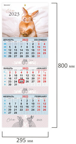 Календарь квартальный на 2023 г., 3 блока, 3 гребня, с бегунком, мелованная бумага, "BUNNY", BRAUBERG, 114247