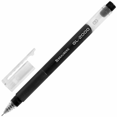 Ручка гелевая BRAUBERG GL-2000, ЧЕРНАЯ, японские чернила, длина письма 2000 метров, линия 0,35 мм, 144217