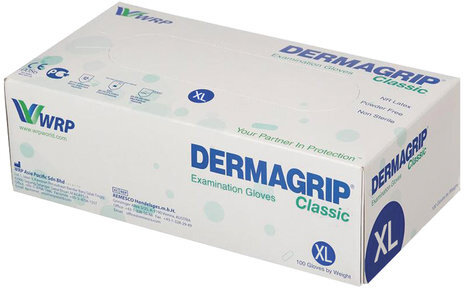 Перчатки латексные смотровые, КОМПЛЕКТ 50 пар (100 шт.), неопудренные, хлоринация, XL, DERMAGRIP "Classic", D1504-10