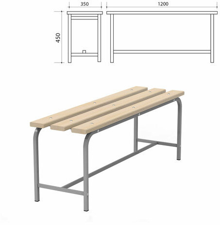 Скамья деревянная на металлокаркасе "СТ 1200", 1200х350х450 мм, каркас металлический серый, сиденье дерево