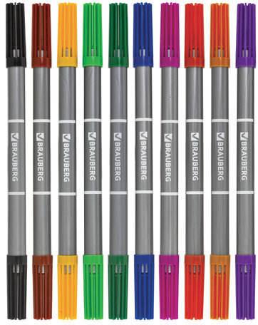 Фломастеры BRAUBERG, 10 цветов, двухсторонние, 2 пишущих узла 2 и 5 мм, вентилируемый колпачок, картонная упаковка, 150682