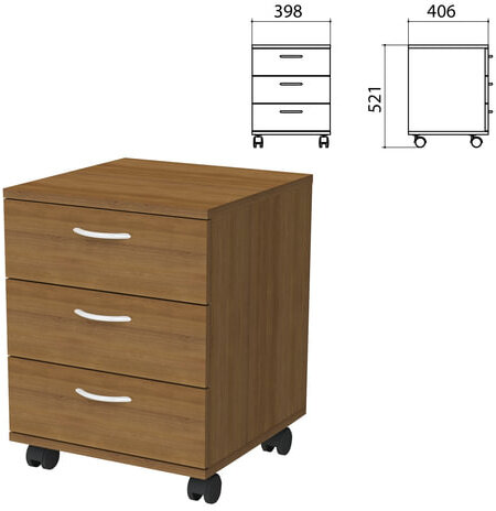 Тумба подкатная "Бюджет", 398х406х521 мм, 3 ящика, орех французский, 402952-190