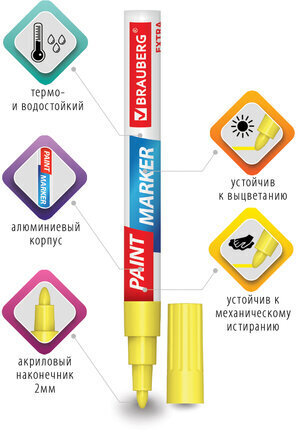 Маркер-краска лаковый EXTRA (paint marker) 2 мм, ЖЕЛТЫЙ, УСИЛЕННАЯ НИТРО-ОСНОВА, BRAUBERG, 151973