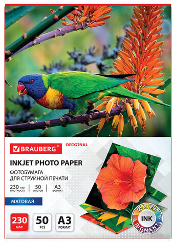 Фотобумага матовая БОЛЬШОГО ФОРМАТА, А3, 230 г/м2, односторонняя, 50 листов, BRAUBERG ORIGINAL, 363997