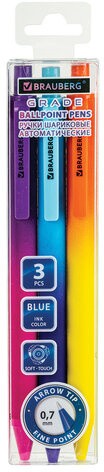 Ручки шариковые автоматические BRAUBERG &quot;Grade&quot;, НАБОР 3 ШТУКИ, СИНИЕ, soft-touch, пишущий узел 0,7 мм, линия письма 0,35 мм, 144206