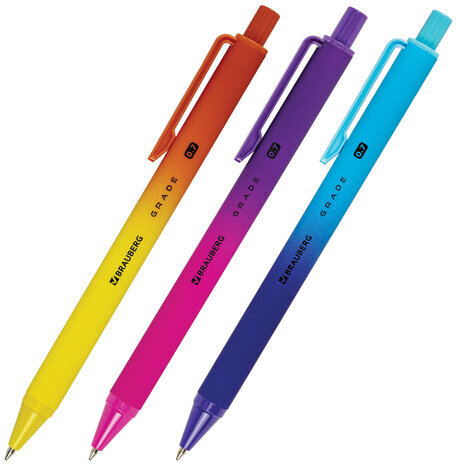 Ручки шариковые автоматические BRAUBERG "Grade", НАБОР 3 ШТУКИ, СИНИЕ, soft-touch, пишущий узел 0,7 мм, линия письма 0,35 мм, 144206