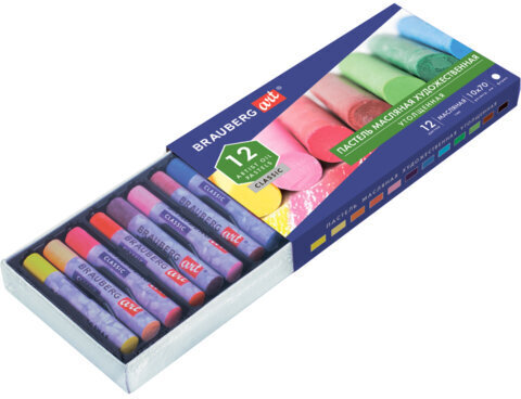 Пастель масляная художественная BRAUBERG ART CLASSIC, УТОЛЩЕННАЯ, 12 цветов, круглое сечение, 181450