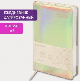 Ежедневник датированный 2024 А5 138x213 мм, BRAUBERG "Holiday", под кожу, "зеркальный", серебро, 114846
