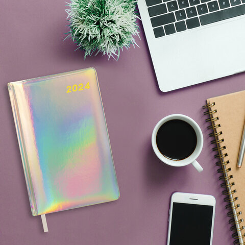 Ежедневник датированный 2024 А5 138x213 мм, BRAUBERG "Holiday", под кожу, "зеркальный", серебро, 114846