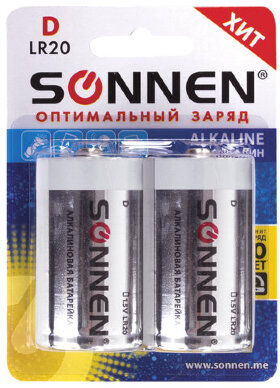Батарейки КОМПЛЕКТ 2 шт, SONNEN Alkaline, D (LR20, 13А), алкалиновые, в блистере, 451091
