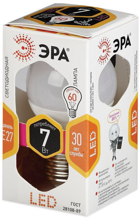 Лампа светодиодная ЭРА, 7 (60) Вт, цоколь E27, шар, теплый белый свет, 30000 ч., LED smdP45-7w-827-E27