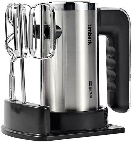 Миксер TIMBERK T-HM40S49, 550 Вт, 5 скоростей, 2 венчика, 2 крюка для теста, подставка, стальной