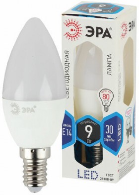 Лампа светодиодная ЭРА STD, 9 (80) Вт, цоколь E14, свеча, нейтральный белый свет, 35000 ч., LED B35-9W-840-E14, Б0027970