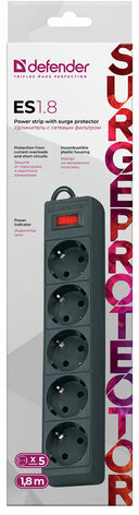 Сетевой фильтр DEFENDER ES, 5 розеток, 1,8 м, черный, 99484