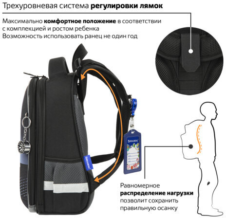 Ранец BRAUBERG PREMIUM, 2 отделения, с брелком, "Fast car", 38х29х16 см, 270600