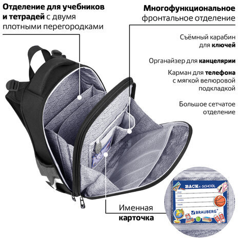 Ранец BRAUBERG PREMIUM, 2 отделения, с брелком, "Fast car", 38х29х16 см, 270600