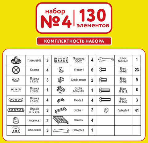 Конструктор металлический ЮНЛАНДИЯ "Для уроков труда №4", развивающий, 130 элементов, 104682