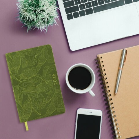 Ежедневник датированный 2026 А5 138x213 мм, BRAUBERG "Foliage", под кожу, гибкий, зеленый, 117128